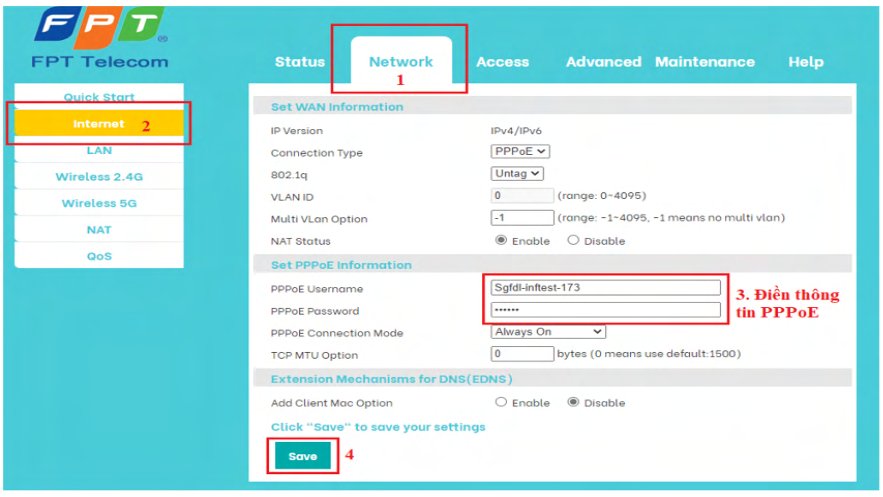 Cấu hình WAN PPPoE AC1000HI Network Internet PPPoE Username Password Connection Mode Save