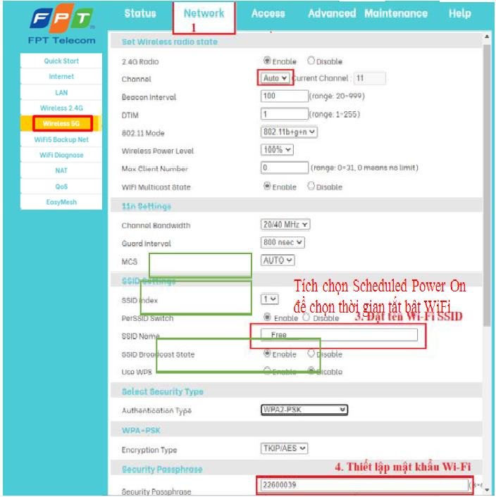 Cấu hình WiFi 5GHz AC1000HI Network Wireless 5G SSID Settings Security Passphrase Band-steering