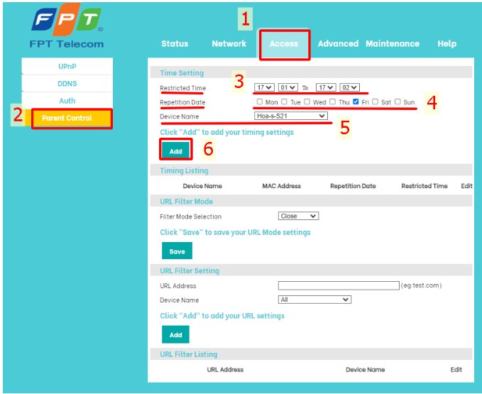 Parent Control AC1000HI Restricted Time Device Name URL Filter Setting URL Address Add Save