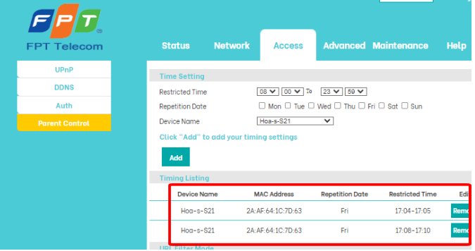 Timing Listing AC1000HI Device Name MAC Address Repetition Date Restricted Time Remove