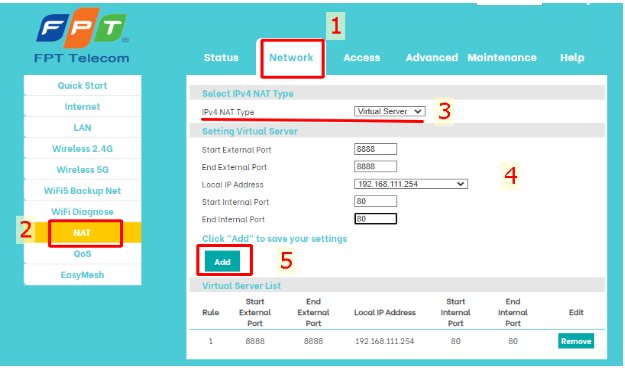 Port Forwarding Virtual Server AC1000HI Network NAT IPv4 External Port Internal Port Local IP Address Add