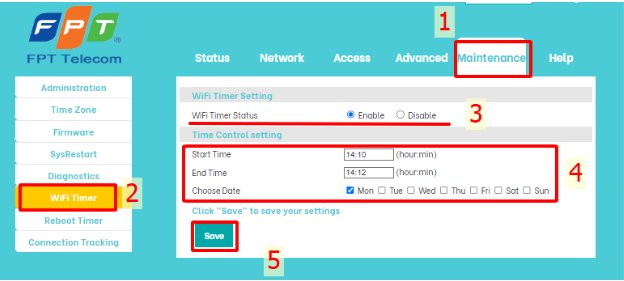WiFi Timer AC1000HI Maintenance WiFi Timer Status Enable Start Time End Time Choose Date Mon Save