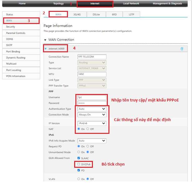 Cấu hình WAN PPPoE trên AC1000Z Service List INTERNET_TR069 tắt DHCPv6 username password