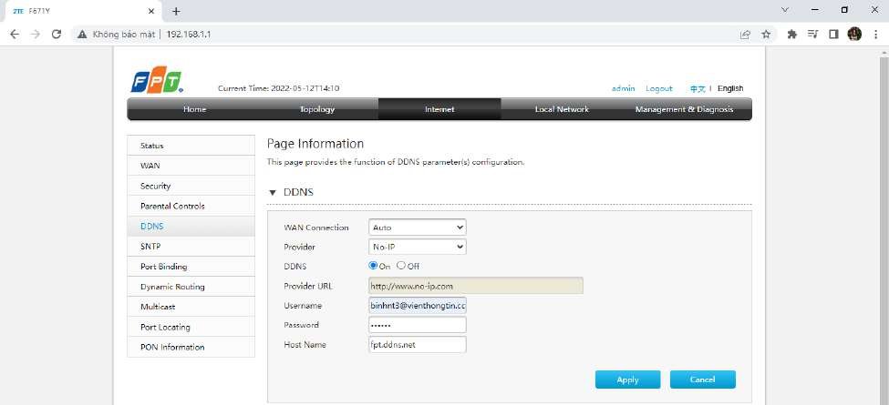 Cấu hình DDNS AC1000Z No-IP Provider URL Username Password Host Name fpt.ddns.net