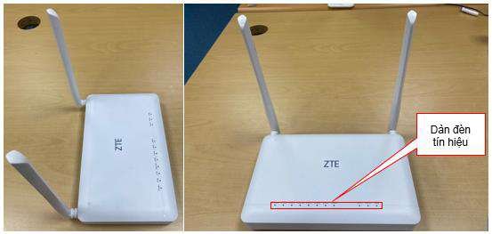 ONT FPT AC1000Z ZTE ZXHN F671Y mặt trước dàn đèn tín hiệu và mặt sau anten WiFi