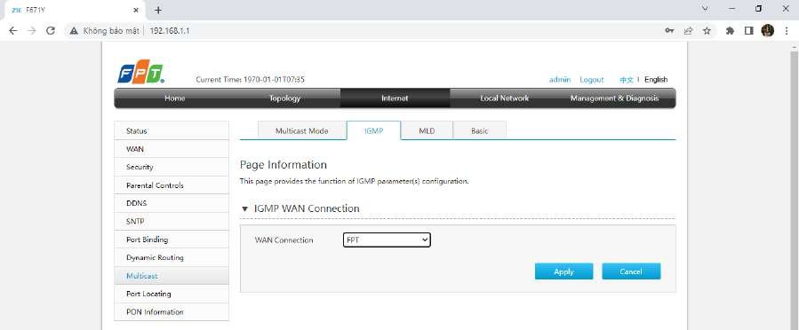 IGMP WAN Connection chọn WAN FPT chạy IGMP trên AC1000Z