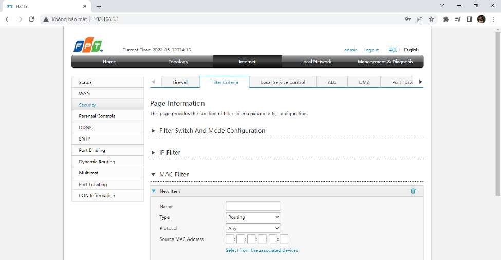 MAC Filter AC1000Z chặn thiết bị Source MAC Address Select from associated devices