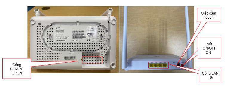 AC1000Z mặt sau cổng SC/APC GPON 4 cổng LAN 1G nút ON/OFF giắc nguồn 12V
