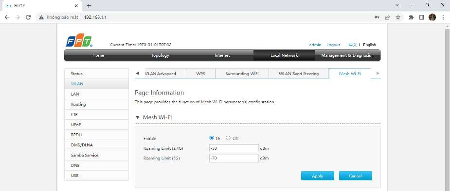 Mesh WiFi Enable On AC1000Z Roaming Limit 2.4G -10dBm 5G -70dBm cài đặt Mesh