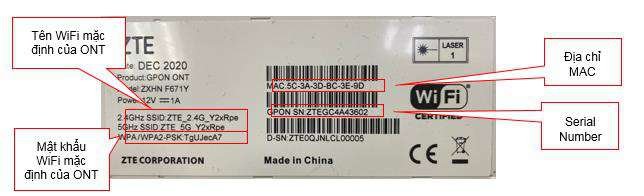 Nhãn ONT AC1000Z ZTE tra SSID WiFi mặc định mật khẩu WiFi GPON Serial Number MAC