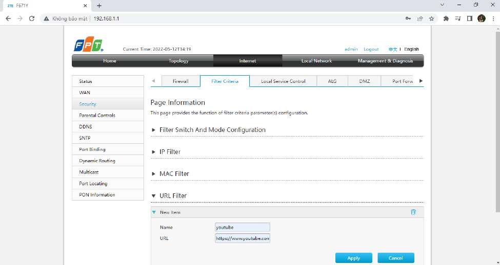 URL Filter AC1000Z chặn website điền URL youtube https://www.youtube.com