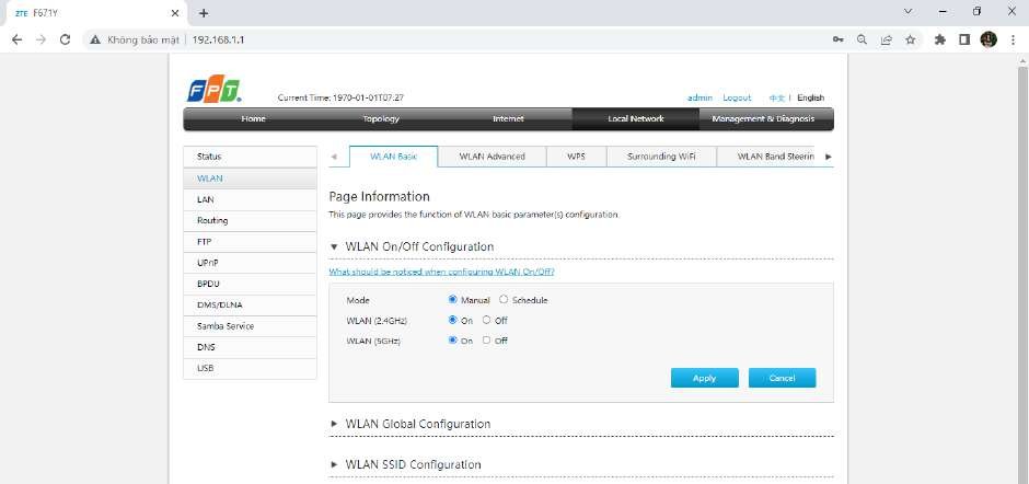 WLAN On/Off Configuration AC1000Z Manual mode tắt bật WiFi 2.4GHz 5GHz