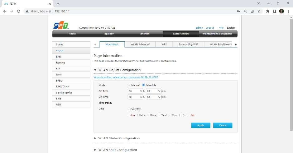 WLAN Scheduled Power On AC1000Z hẹn giờ bật tắt WiFi On Time Off Time Time Policy Days