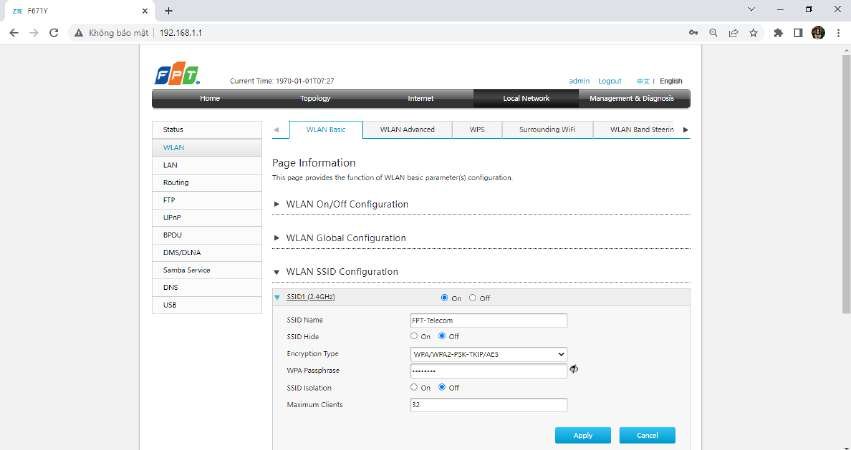 WLAN SSID Configuration AC1000Z SSID Name WPA Passphrase Maximum Clients giới hạn client