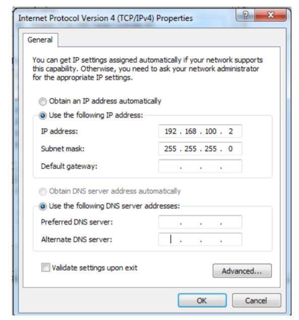 Đặt IP tĩnh 192.168.100.2 subnet 255.255.255.0 để truy cập AC1200C tại 192.168.100.1