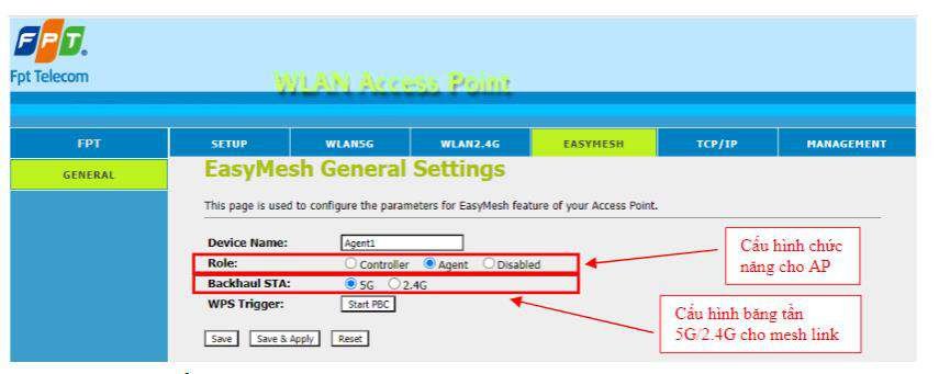 EasyMesh General Settings AC1200C cấu hình Agent Role Backhaul STA 5G WPS Trigger