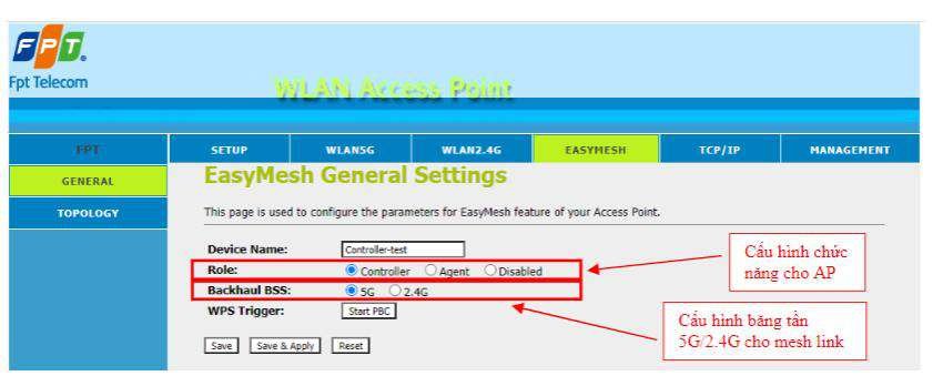 EasyMesh General Settings AC1200C cấu hình Controller Role Backhaul BSS 5G WPS Trigger