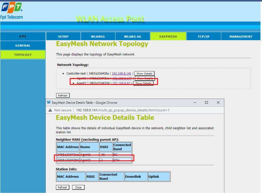EasyMesh Network Topology AC1200C Controller Agent kết nối RSSI Connected Band 5G ETH