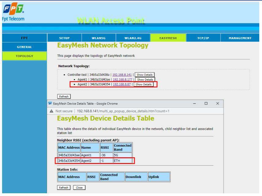 EasyMesh Device Details Table AC1200C RSSI Connected Band 5G ETH Agent1 Agent2