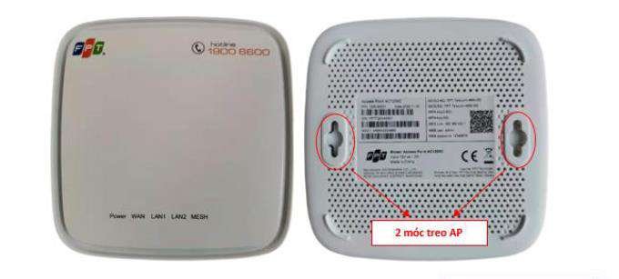 Access Point FPT AC1200C mặt trước và mặt sau đèn Power WAN LAN1 LAN2 MESH