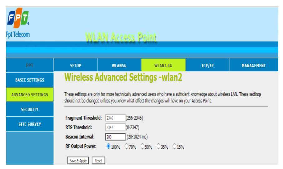 WLAN2.4G Advanced Settings Beacon Interval RF Output Power 100 70 50 35 15% trên AC1200C