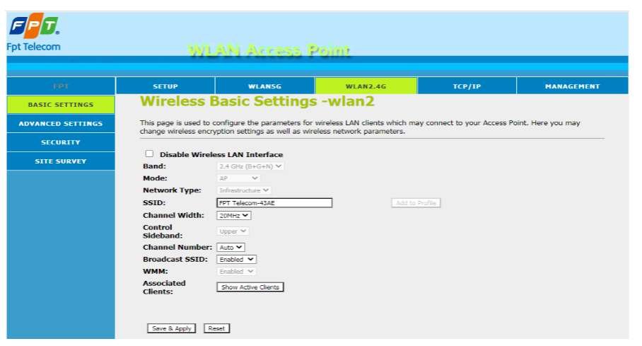 WLAN2.4G Basic Settings AC1200C cấu hình SSID Channel Width Channel Number Broadcast SSID