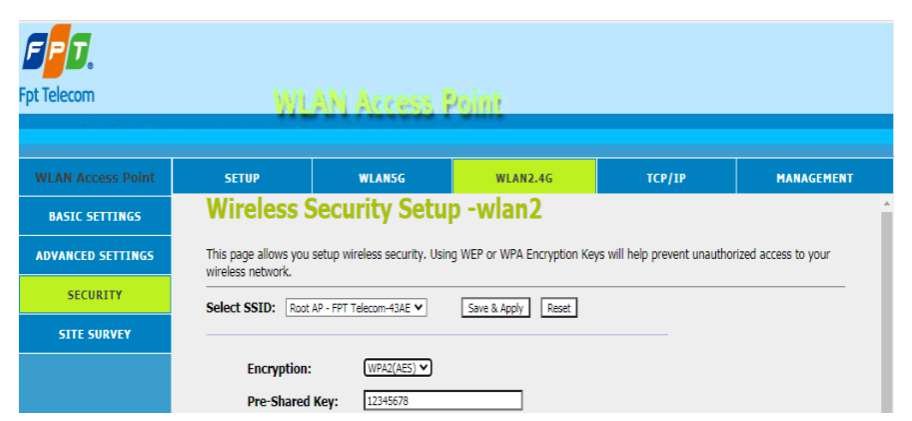 WLAN2.4G Security đặt mật khẩu WiFi WPA2 AES Pre-Shared Key trên AC1200C