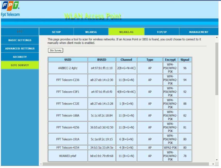 WLAN2.4G Site Survey AC1200C quét danh sách WiFi xung quanh SSID Channel Encrypt Signal