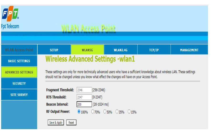 WLAN5G Advanced Settings Beacon Interval RF Output Power trên AC1200C