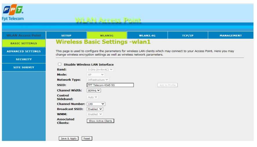 WLAN5G Basic Settings AC1200C SSID Channel Width 80MHz Channel Number 149
