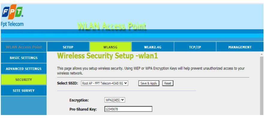 WLAN5G Security đặt mật khẩu WiFi WPA2 AES Pre-Shared Key 5GHz trên AC1200C
