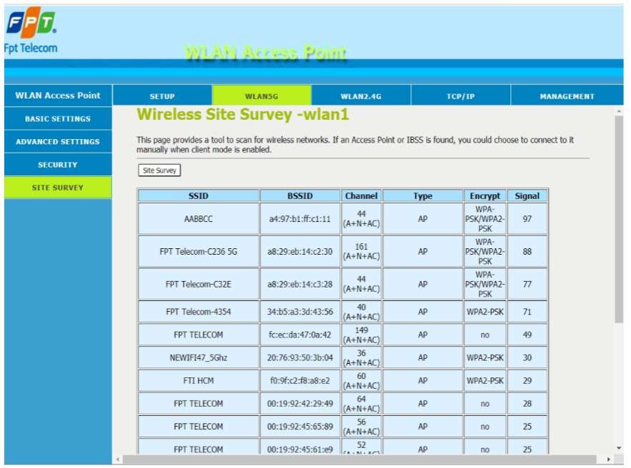 WLAN5G Site Survey AC1200C quét WiFi 5GHz xung quanh SSID BSSID Channel Encrypt Signal