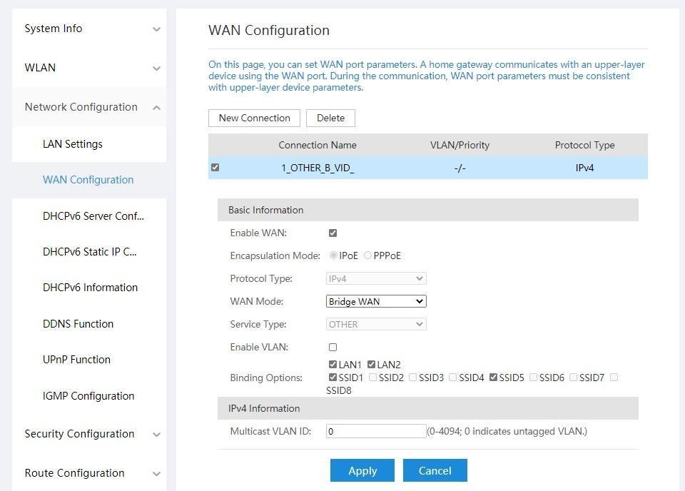 Cấu hình WAN Connection Bridge WAN trên AC1200H New Connection Delete