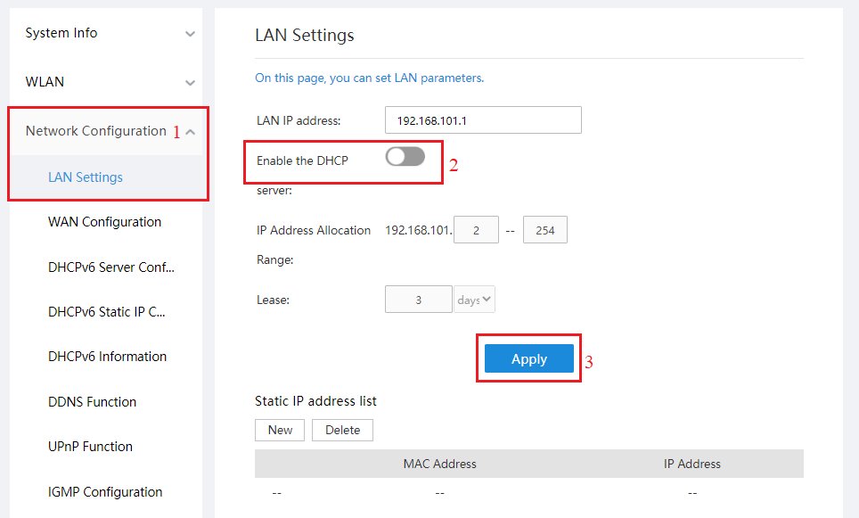 Tắt DHCP Server LAN Settings AC1200H Bridge WAN mode Enable DHCP server Off
