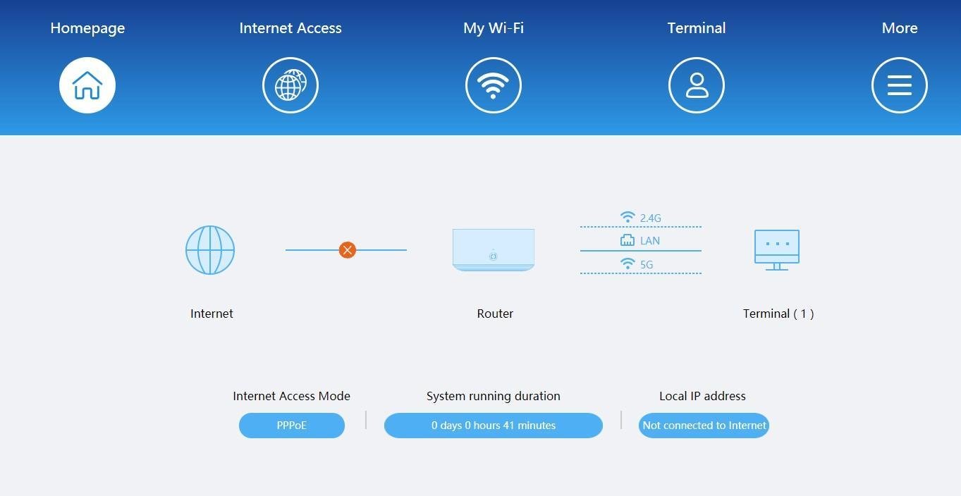 Giao diện quản lý chính AC1200H Homepage Internet Access My Wi-Fi Terminal More