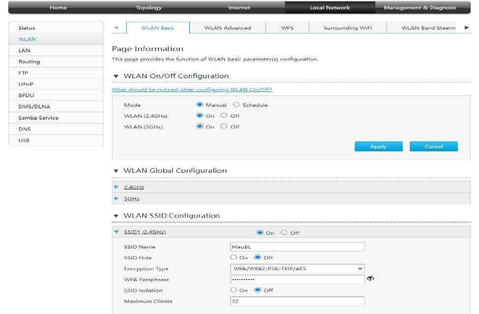 Cấu hình WiFi SSID Name WPA Passphrase trên AC1200Z WLAN Basic SSID Configuration
