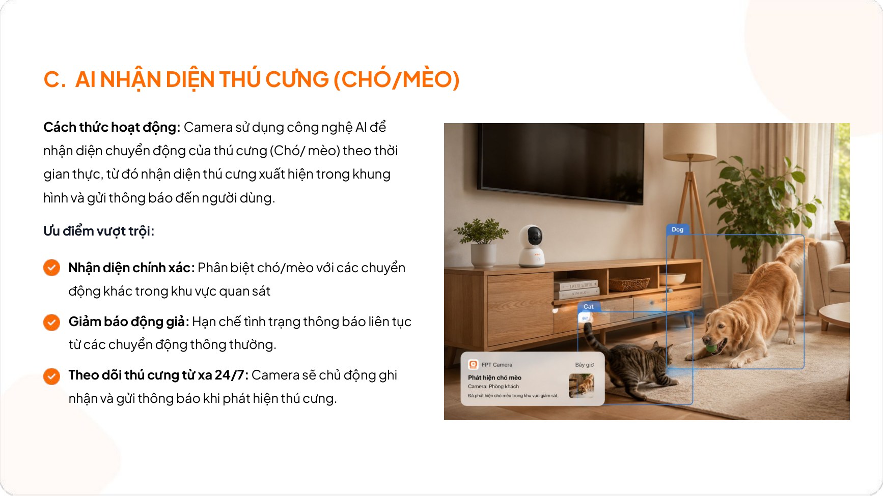 AI nhận diện thú cưng chó mèo của camera FPT và gửi cảnh báo về điện thoại