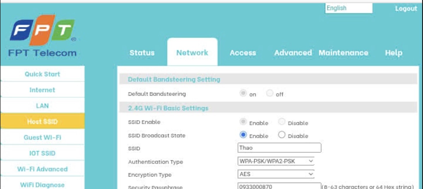 Màn hình quản lý modem FPT AX3000HV2 — tab Mạng, mục Tên mạng WiFi (Host SSID)