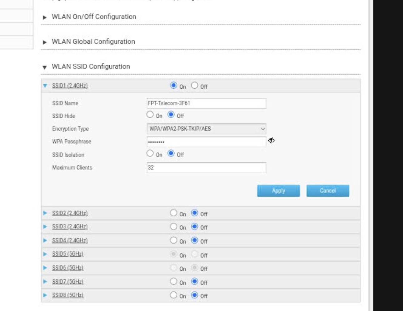 Màn hình quản lý modem ZTE FPT — Local Network → WLAN Basic → SSID Hide chuyển sang On