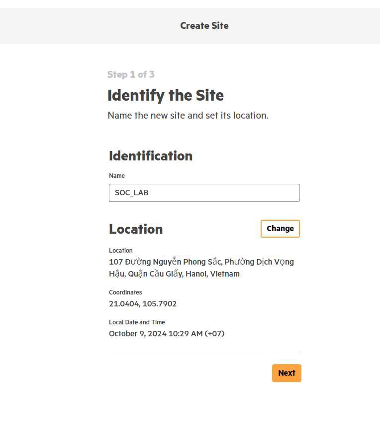 Bước 3 Identify the Site điền tên SOC_LAB và địa chỉ tại Hà Nội cho Aruba Instant On
