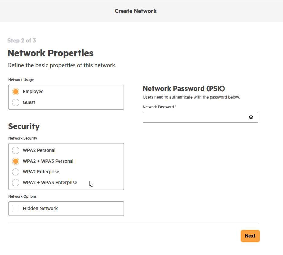 Bước 3 Network Properties chọn WPA2 WPA3 Personal và nhập Network Password PSK cho WiFi Aruba