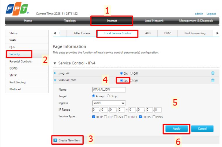 Cấu hình Remote Web trên AX1800GZ Local Service Control WAN ALLOW bật On