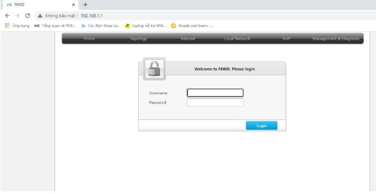 Màn hình đăng nhập WebGUI modem FPT AX1800GZ tại địa chỉ 192.168.1.1 username admin password