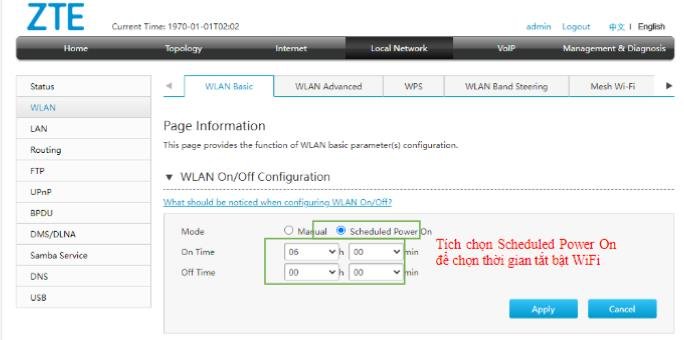 Hẹn giờ bật tắt WiFi tự động trên AX1800GZ Scheduled Power On Off Time