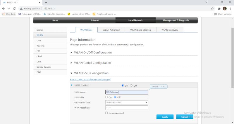 Cấu hình SSID name và Password WiFi cho AX3000AZ trên giao diện WLAN SSID Configuration