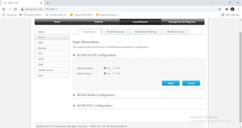 Chỉnh tắt bật WiFi ở 2 băng tần 2.4 GHz và 5 GHz trên AX3000AZ