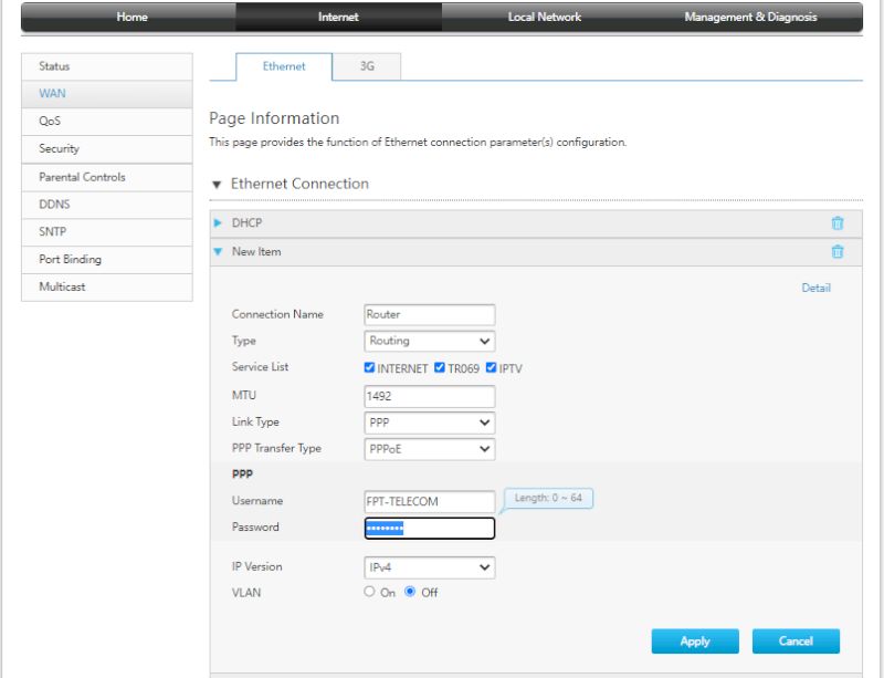 Nhập Username và Password PPPoE do FPT cung cấp rồi bấm Apply trên AX3000AZ