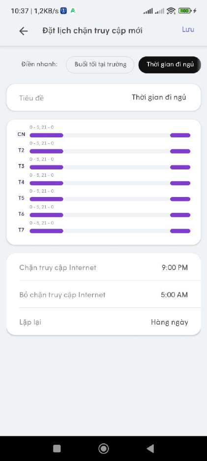 Đặt lịch chặn truy cập Internet trên AX8000C cho toàn bộ thiết bị thời gian đi ngủ 9PM đến 5AM