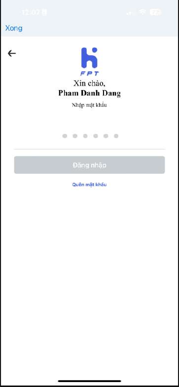 Màn hình đăng nhập app FPT 360 WiFi bằng tài khoản Hi FPT nhập mật khẩu 6 chữ số