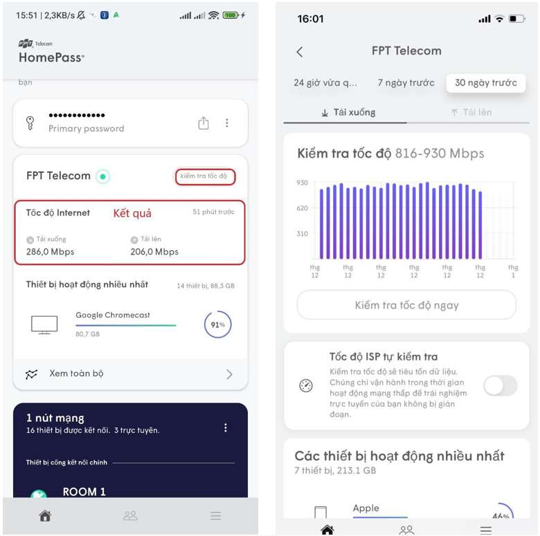 Speedtest tốc độ Internet trên modem AX8000C với lịch sử 30 ngày dạng biểu đồ trên app HomePass